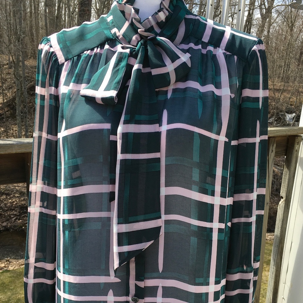 Cabi size M hunter green and rose pink sheer plaid chiffon blouse - Picture 2 of 7